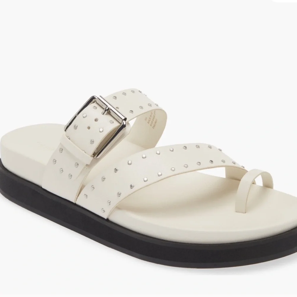 Studded Cream Toe-Loop Slide Sandal
